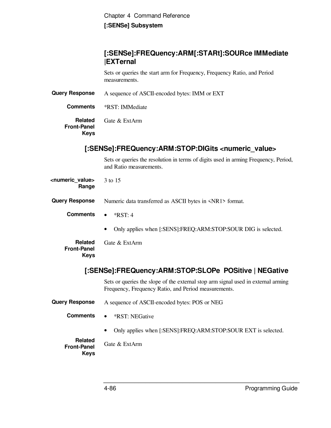 HP 132A, 53131A manual SENSeFREQuencyARMSTARtSOURce IMMediate EXTernal, SENSeFREQuencyARMSTOPDIGits numericvalue 