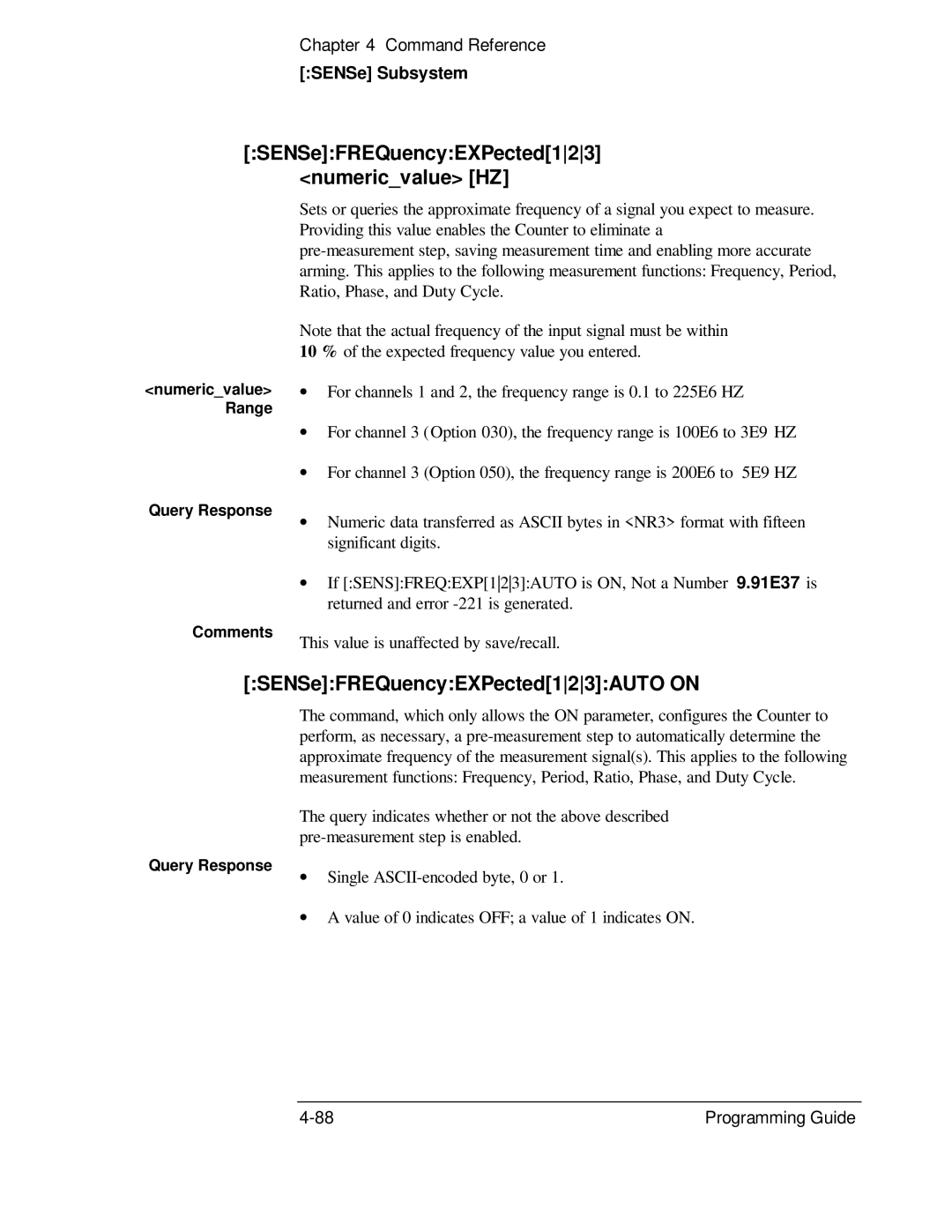 HP 132A, 53131A manual SENSeFREQuencyEXPected123 numericvalue HZ, SENSeFREQuencyEXPected123AUTO on 