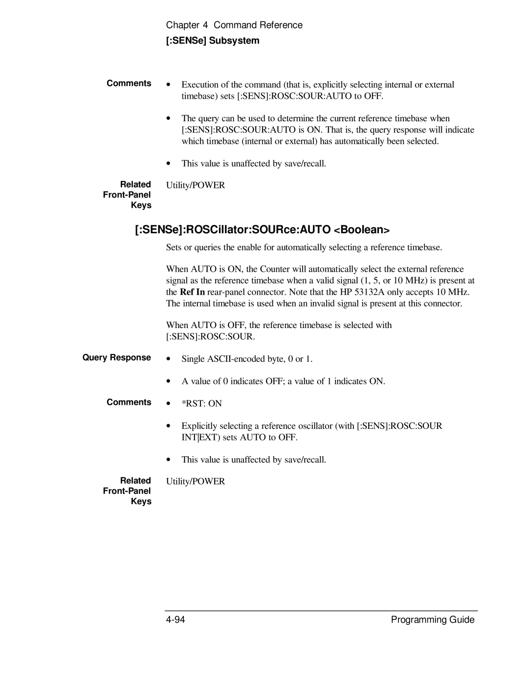 HP 132A, 53131A manual SENSeROSCillatorSOURceAUTO Boolean, Comments Related Front-Panel Keys 