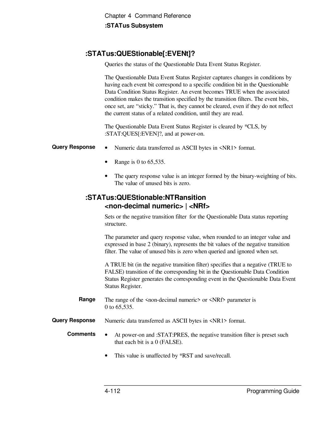 HP 132A, 53131A manual STATusQUEStionableEVENt?, STATusQUEStionableNTRansition non-decimal numeric NRf 