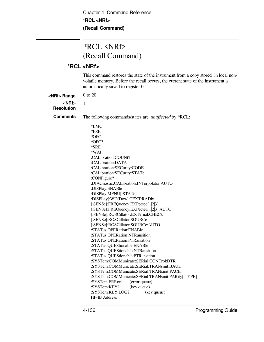 HP 132A, 53131A manual RCL NRf Recall Command 