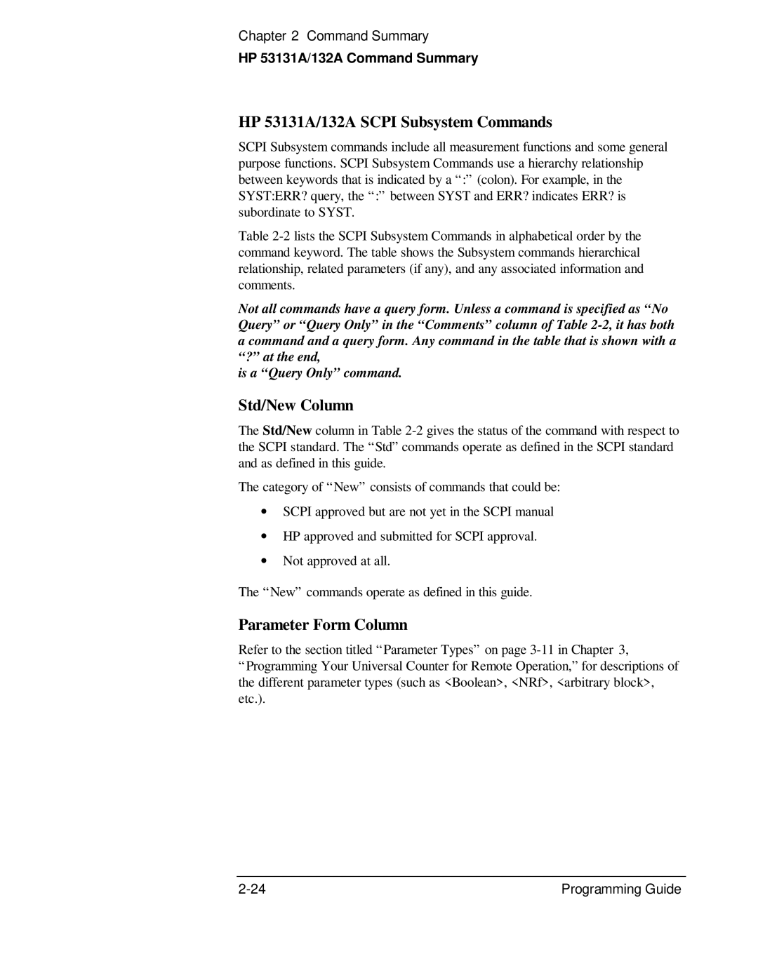 HP manual HP 53131A/132A Scpi Subsystem Commands, Std/New Column, Parameter Form Column 