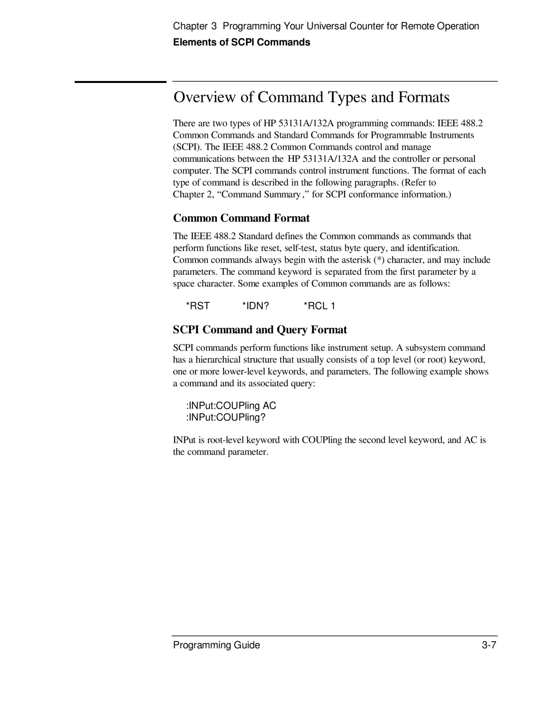 HP 53131A, 132A manual Overview of Command Types and Formats, Common Command Format, Scpi Command and Query Format 