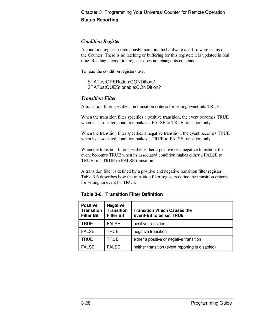 HP 132A, 53131A manual Condition Register, Transition Filter Definition 