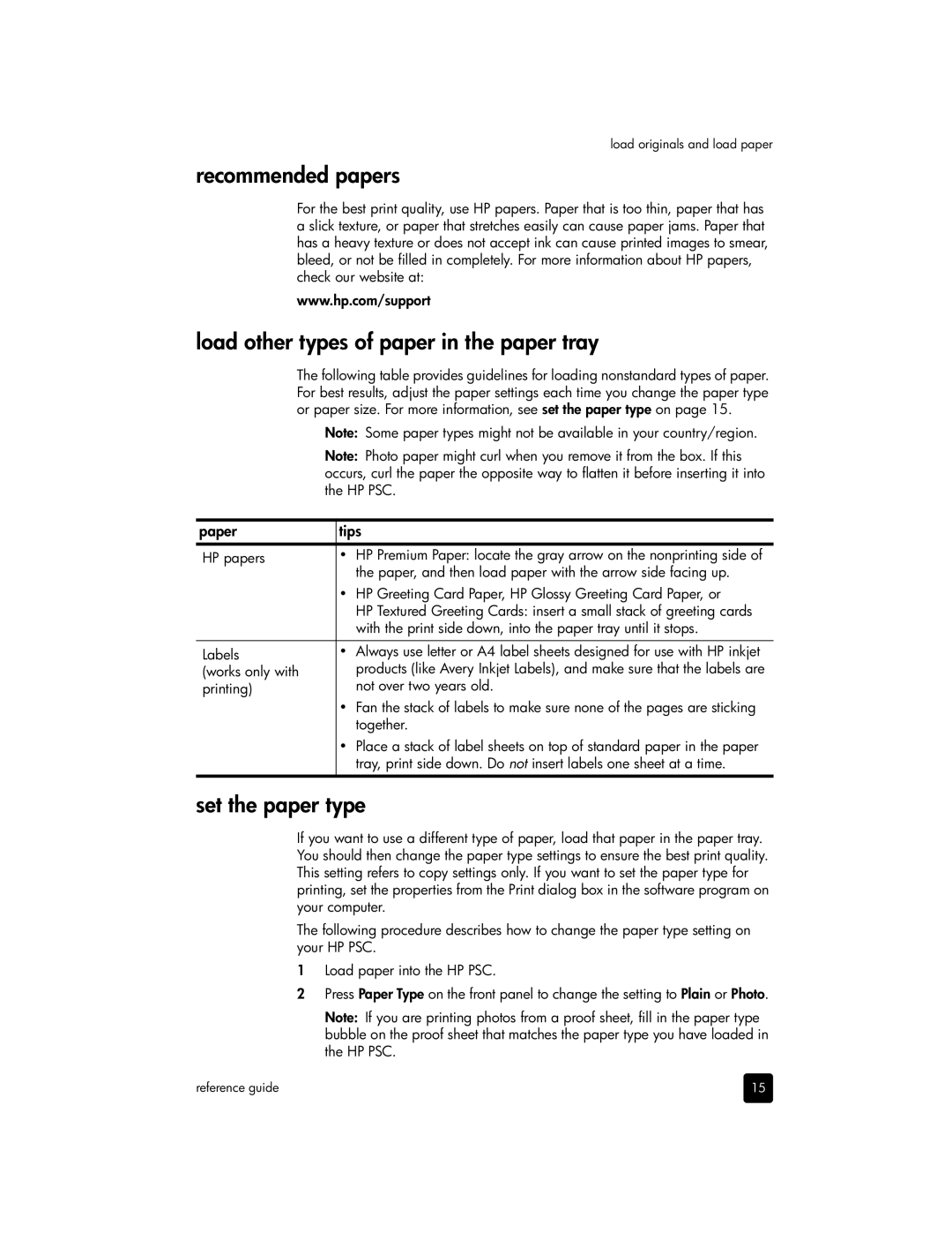 HP 1350v, 1350xi, 1355, 1340 Recommended papers, Load other types of paper in the paper tray, Set the paper type, Paper Tips 