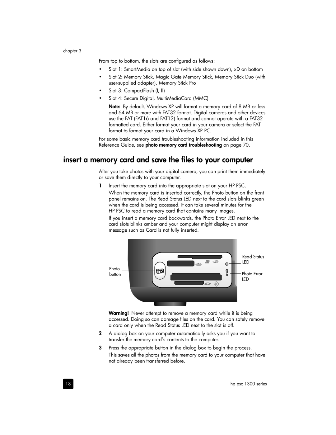 HP 1340, 1350xi, 1350v, 1355 manual Insert a memory card and save the files to your computer 