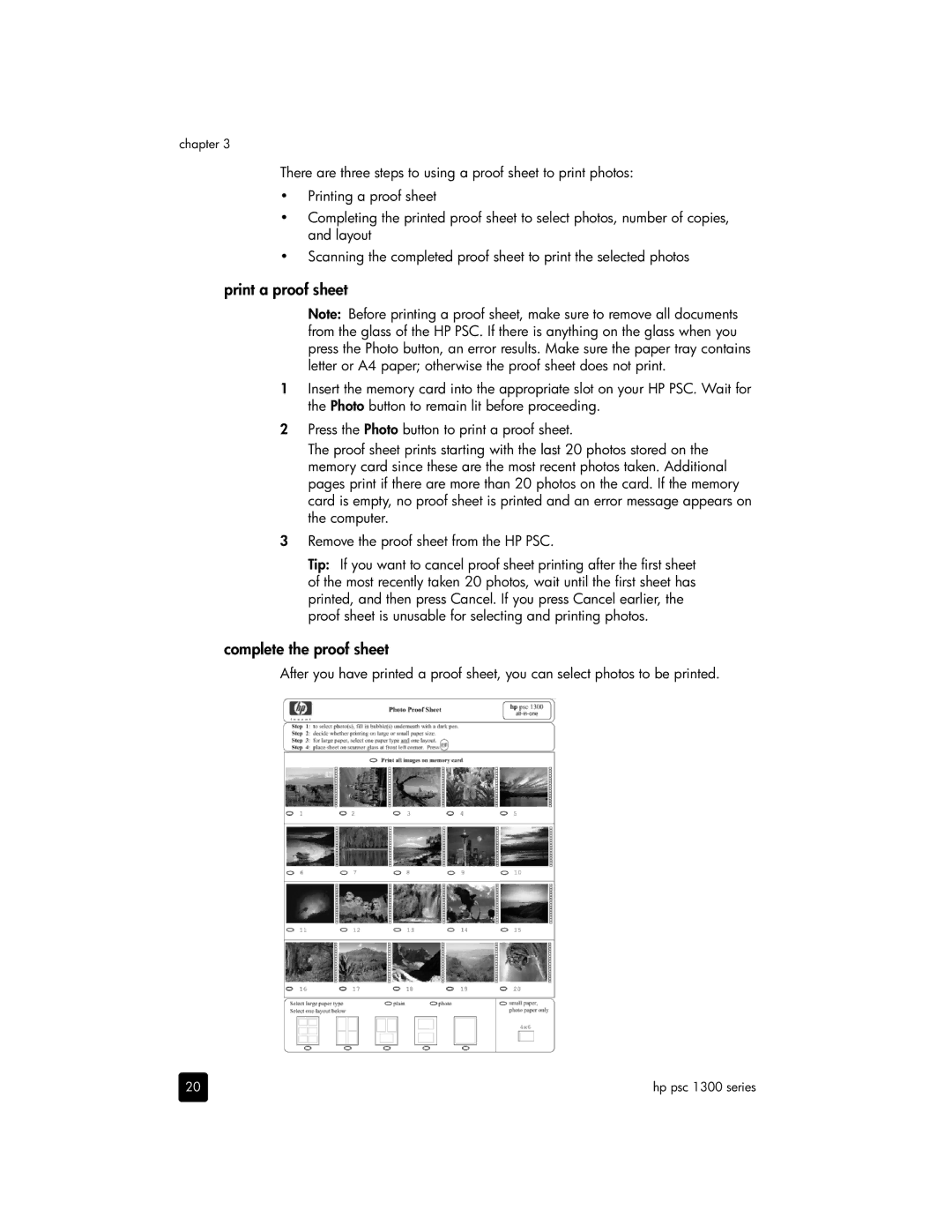 HP 1350v, 1350xi, 1355, 1340 manual Print a proof sheet, Complete the proof sheet 