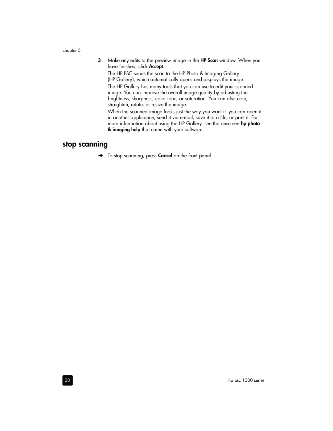 HP 1350v, 1350xi, 1355, 1340 manual Stop scanning, To stop scanning, press Cancel on the front panel 