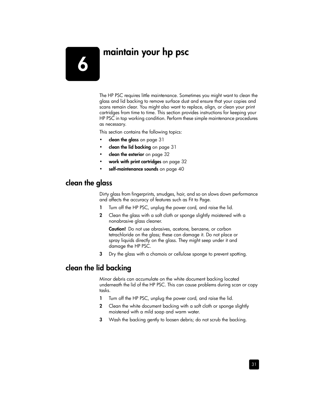 HP 1355, 1350xi, 1350v, 1340 manual Maintain your hp psc, Clean the glass, Clean the lid backing 