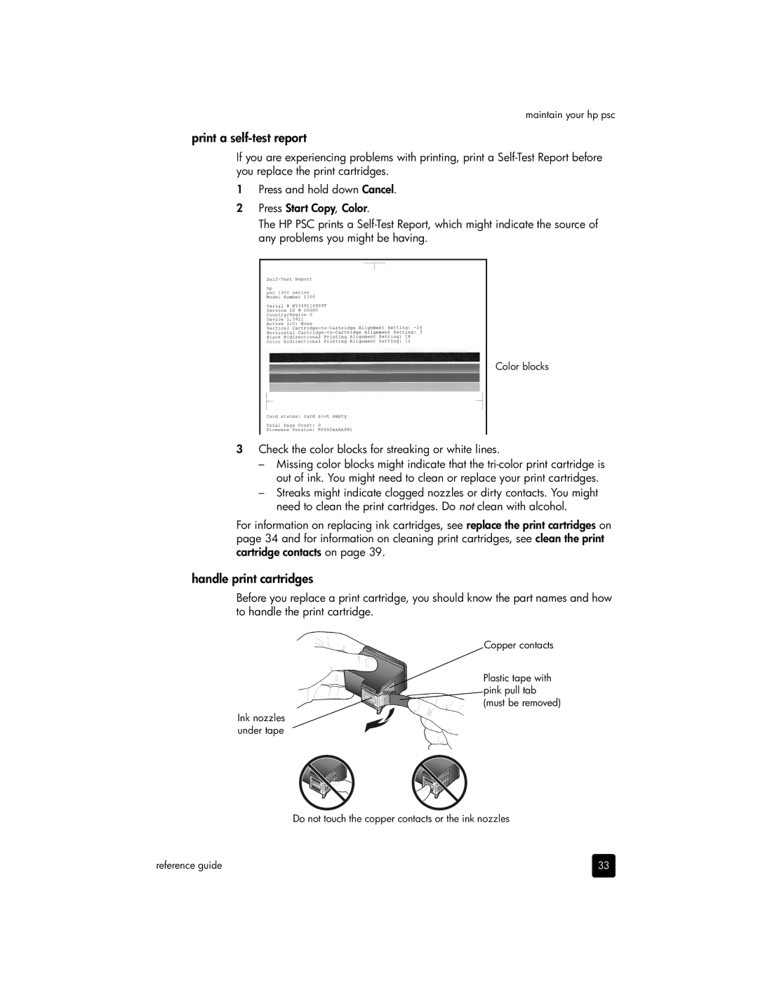 HP 1340, 1350xi Print a self-test report, Handle print cartridges, Check the color blocks for streaking or white lines 