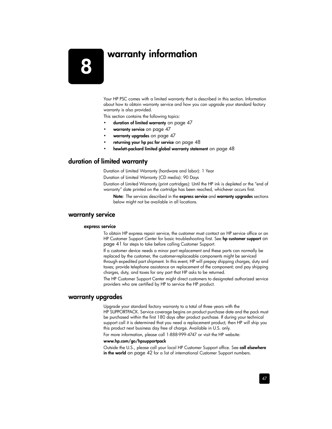 HP 1350xi Warranty information, Duration of limited warranty, Warranty service, Warranty upgrades, Express service 