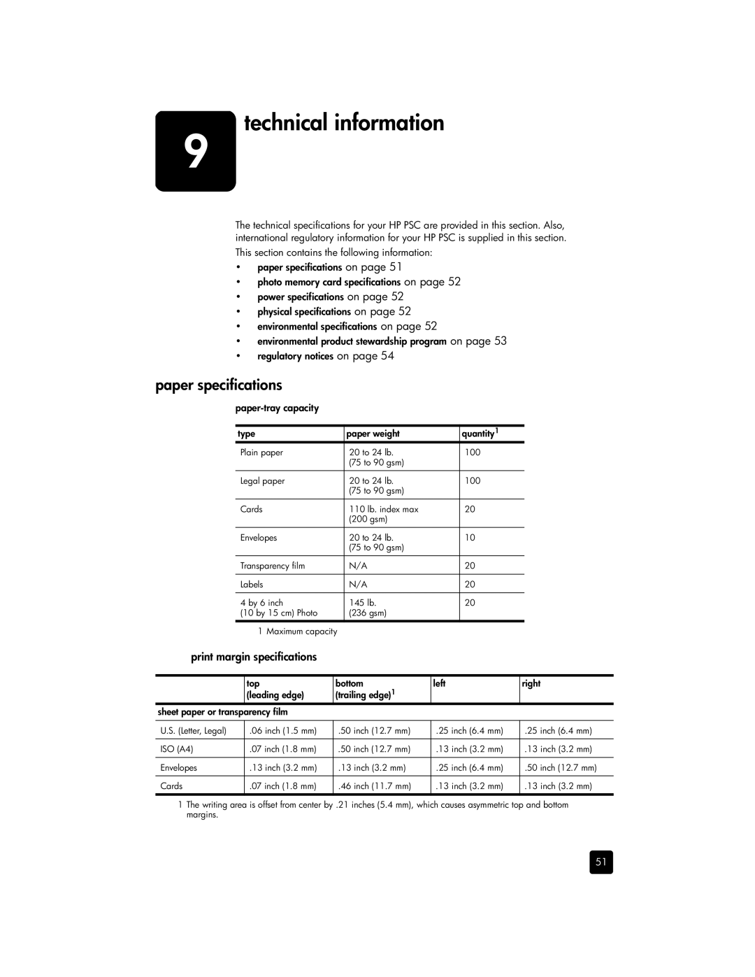 HP 1355, 1350xi, 1350v, 1340 manual Technical information, Paper specifications, Print margin specifications 