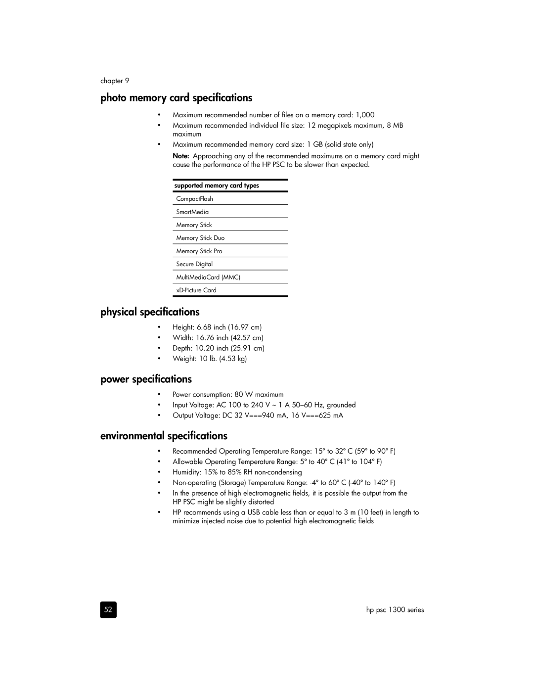 HP 1350 Photo memory card specifications, Physical specifications, Power specifications, Environmental specifications 