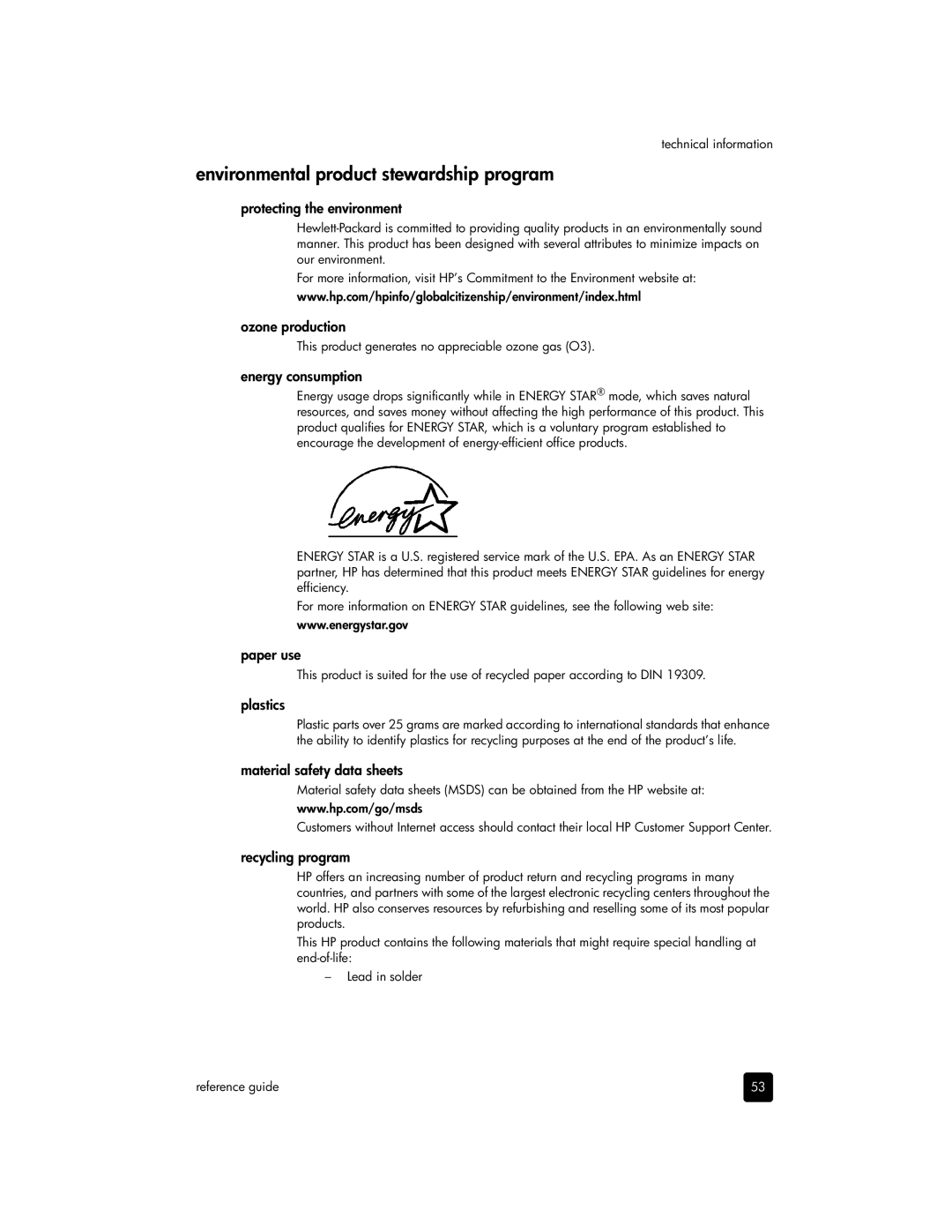 HP 1340, 1350xi, 1350v, 1355 manual Environmental product stewardship program 