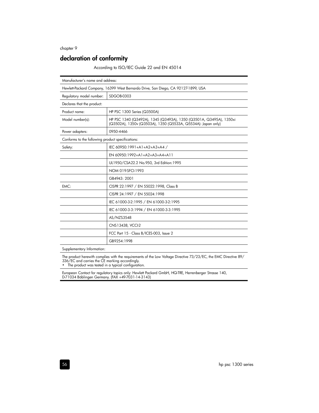 HP 1355, 1350xi, 1350v, 1340 manual Declaration of conformity, According to ISO/IEC Guide 22 and EN 