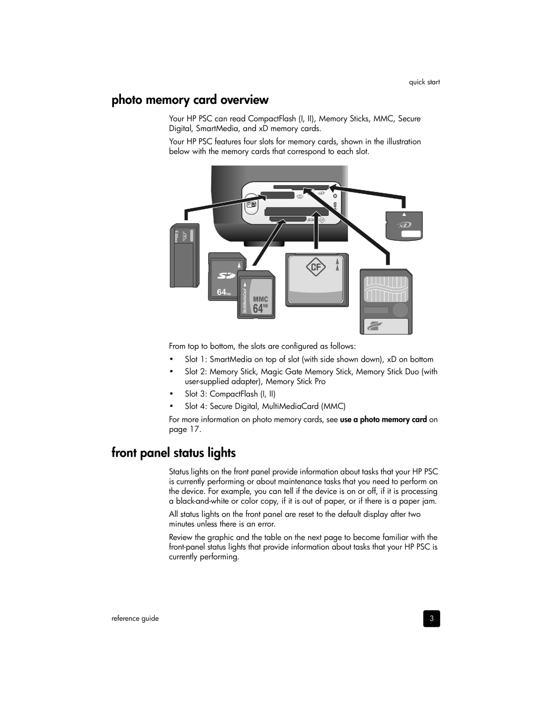 HP 1340, 1350xi, 1350v, 1355 manual Photo memory card overview, Front panel status lights 