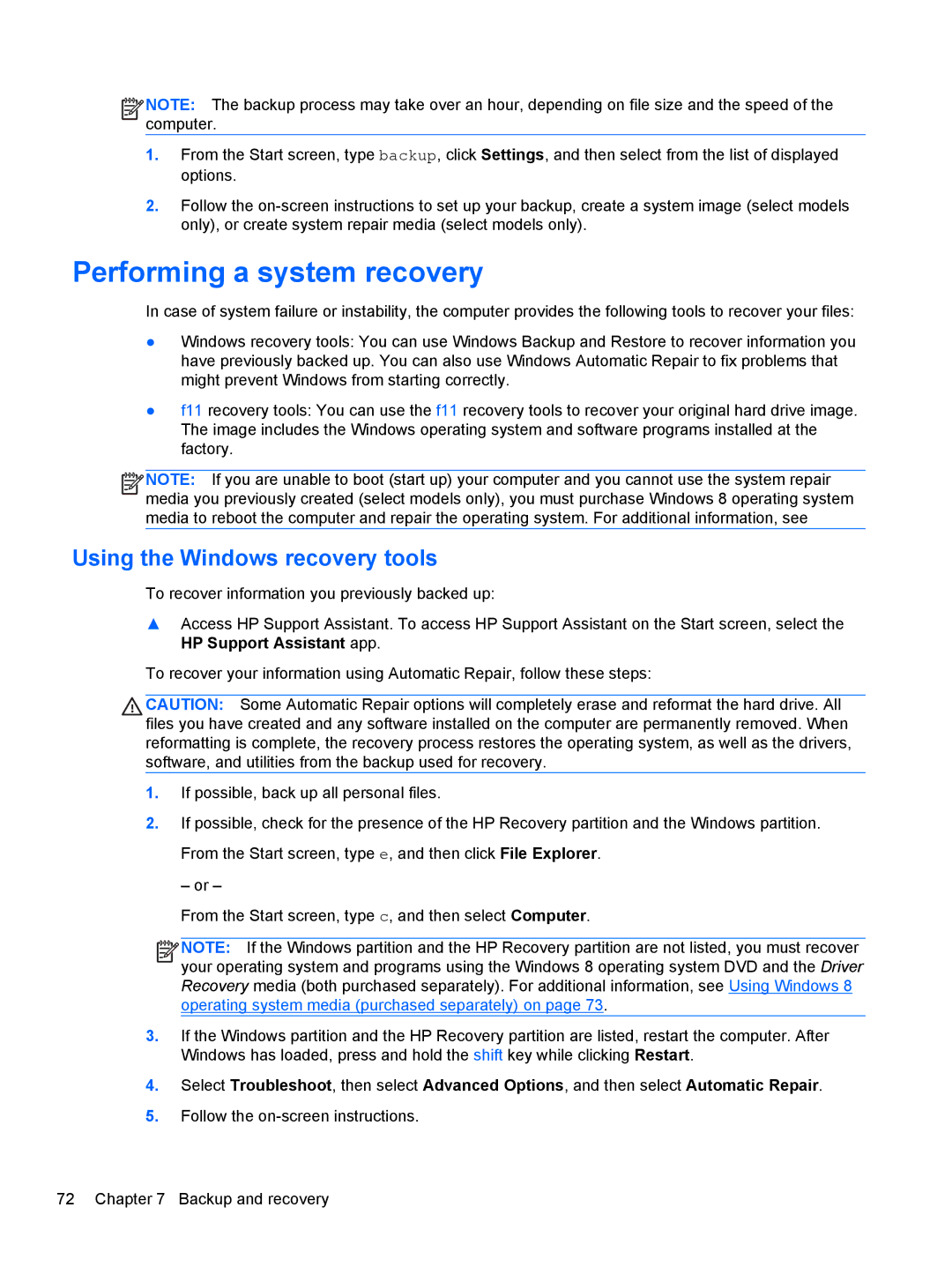 HP 13t-2100, 13-2195ca, 13-2150nr, 13-2157nr manual Performing a system recovery, Using the Windows recovery tools 