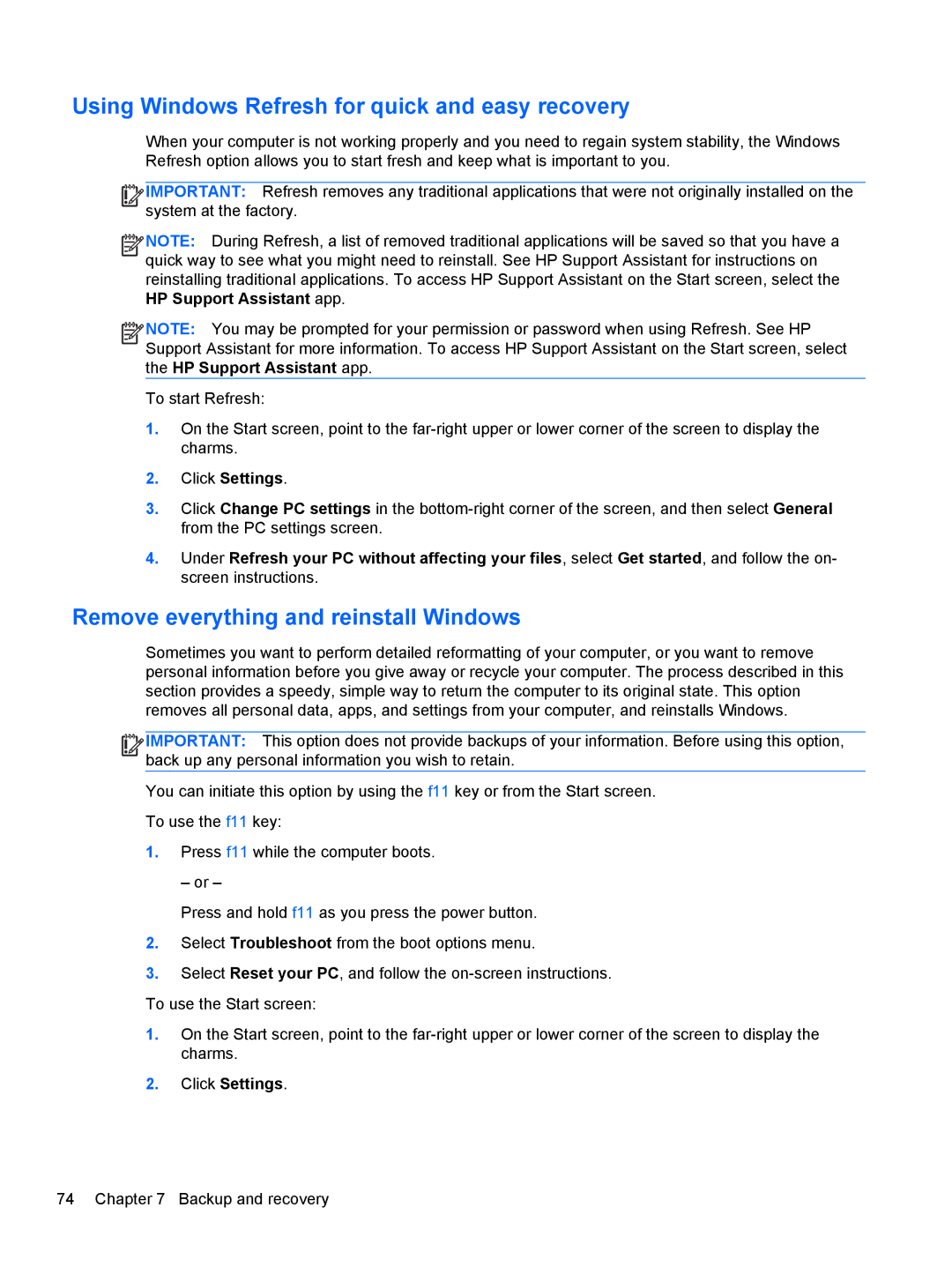 HP 13-2150nr, 13t-2100 manual Using Windows Refresh for quick and easy recovery, Remove everything and reinstall Windows 