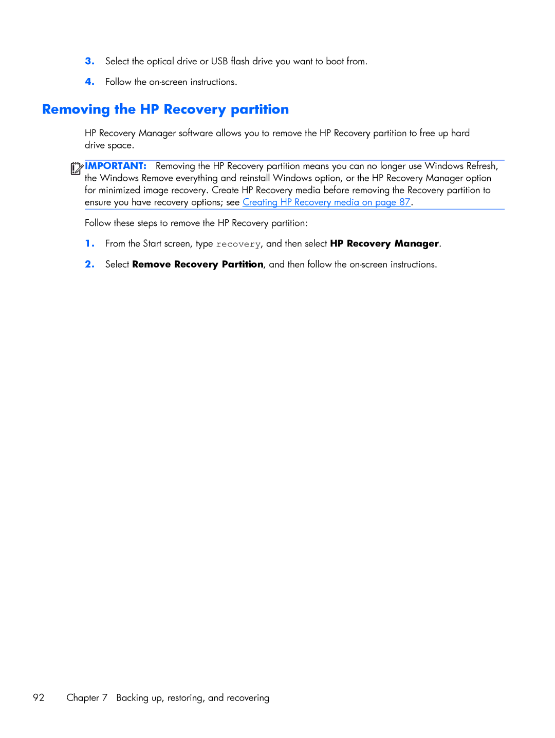 HP 13-h211nr x2, 13t-h200 x2, 13-h210dx x2 manual Removing the HP Recovery partition 