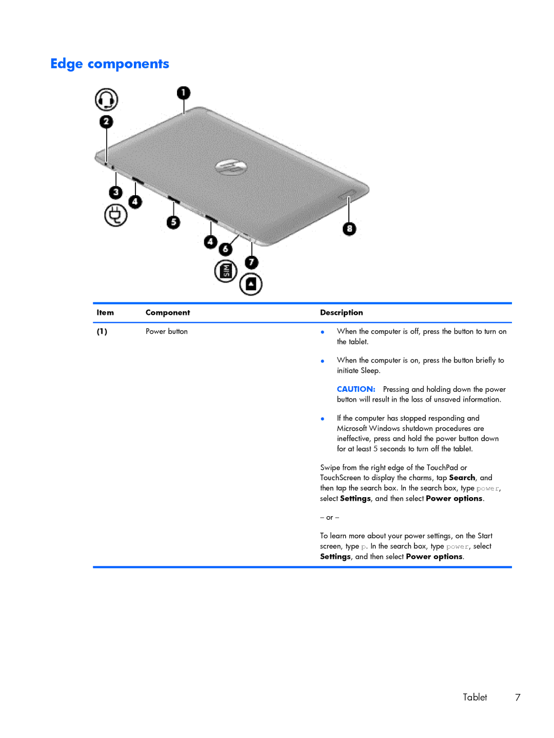 HP 13t-h200 x2, 13-h211nr x2, 13-h210dx x2 manual Edge components, Settings , and then select Power options 