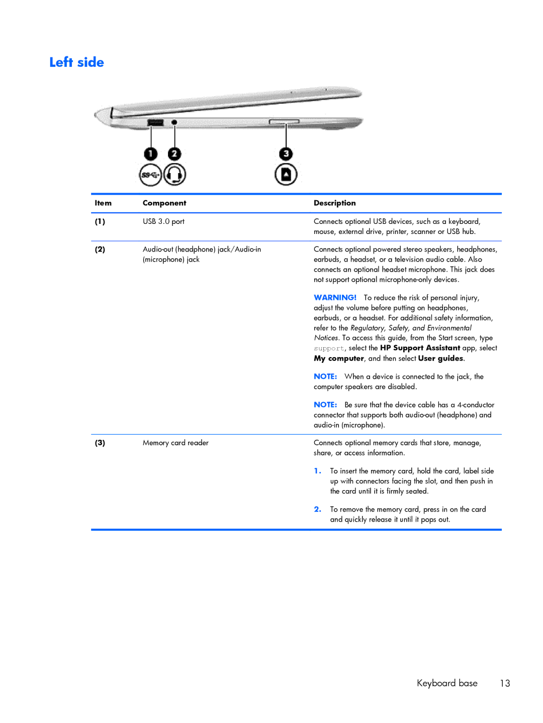 HP 13t-h200 x2, 13-h211nr x2, 13-h210dx x2 manual Left side, My computer , and then select User guides 