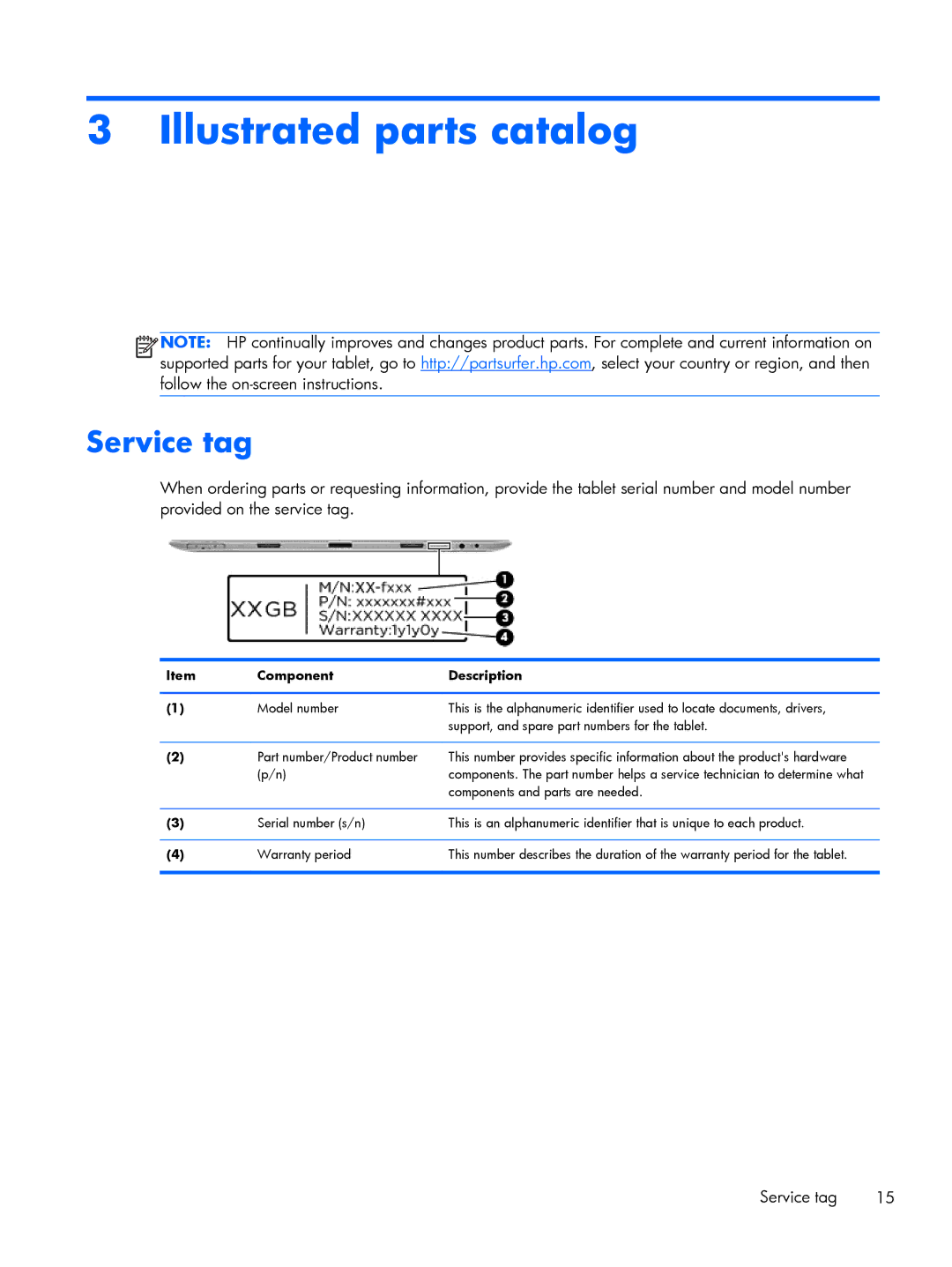 HP 13-h210dx x2, 13t-h200 x2, 13-h211nr x2 manual Illustrated parts catalog, Service tag 