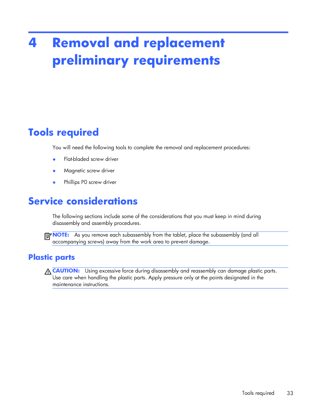 HP 13-h210dx x2 Removal and replacement preliminary requirements, Tools required, Service considerations, Plastic parts 