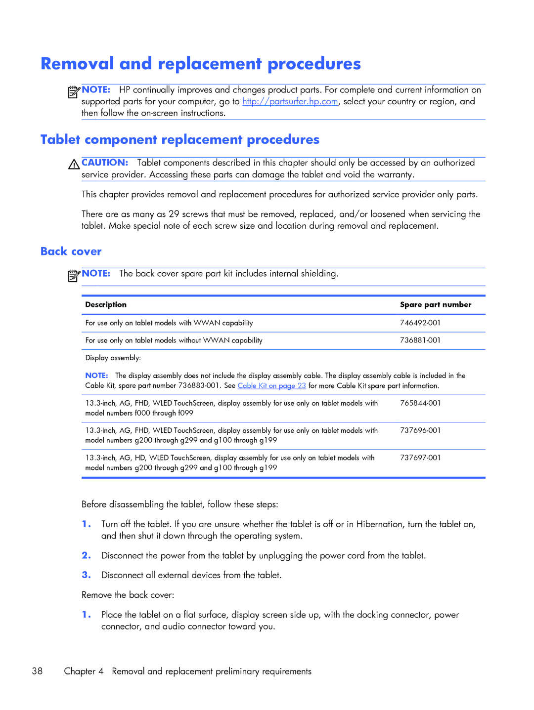 HP 13-h211nr x2, 13t-h200 x2 manual Removal and replacement procedures, Tablet component replacement procedures, Back cover 