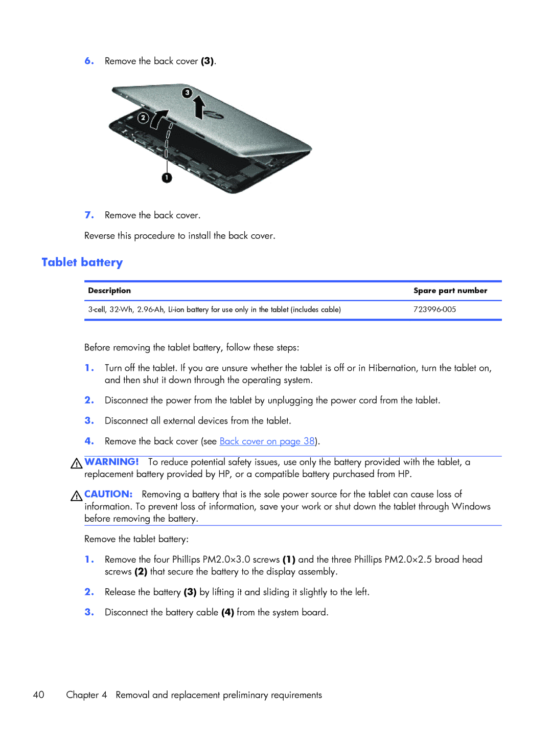 HP 13t-h200 x2, 13-h211nr x2, 13-h210dx x2 manual Tablet battery 