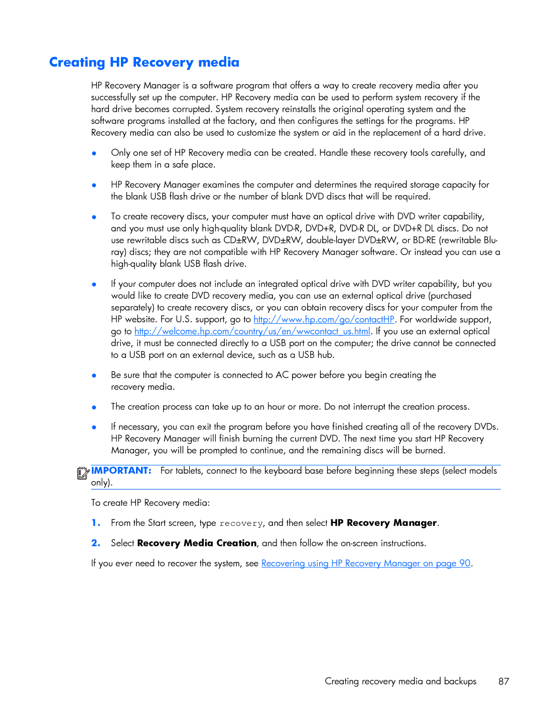 HP 13-h210dx x2, 13t-h200 x2, 13-h211nr x2 manual Creating HP Recovery media 