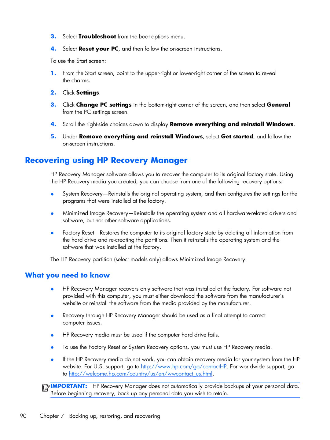 HP 13-h210dx x2, 13t-h200 x2, 13-h211nr x2 manual Recovering using HP Recovery Manager, What you need to know 