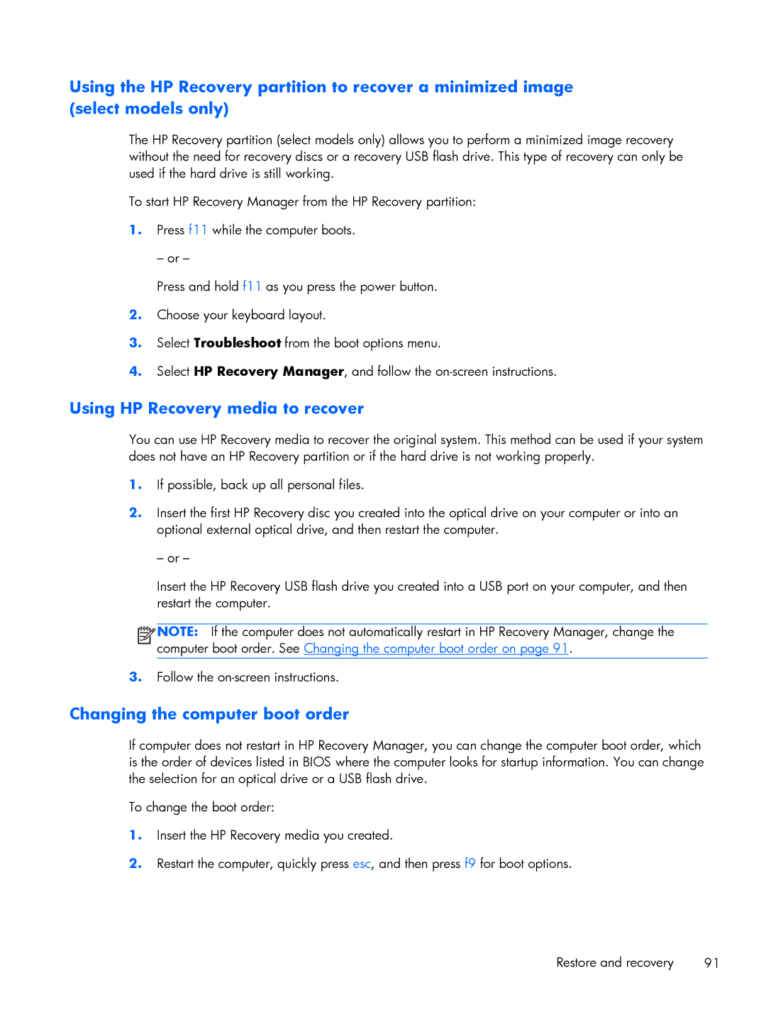 HP 13t-h200 x2, 13-h211nr x2, 13-h210dx x2 manual Using HP Recovery media to recover, Changing the computer boot order 