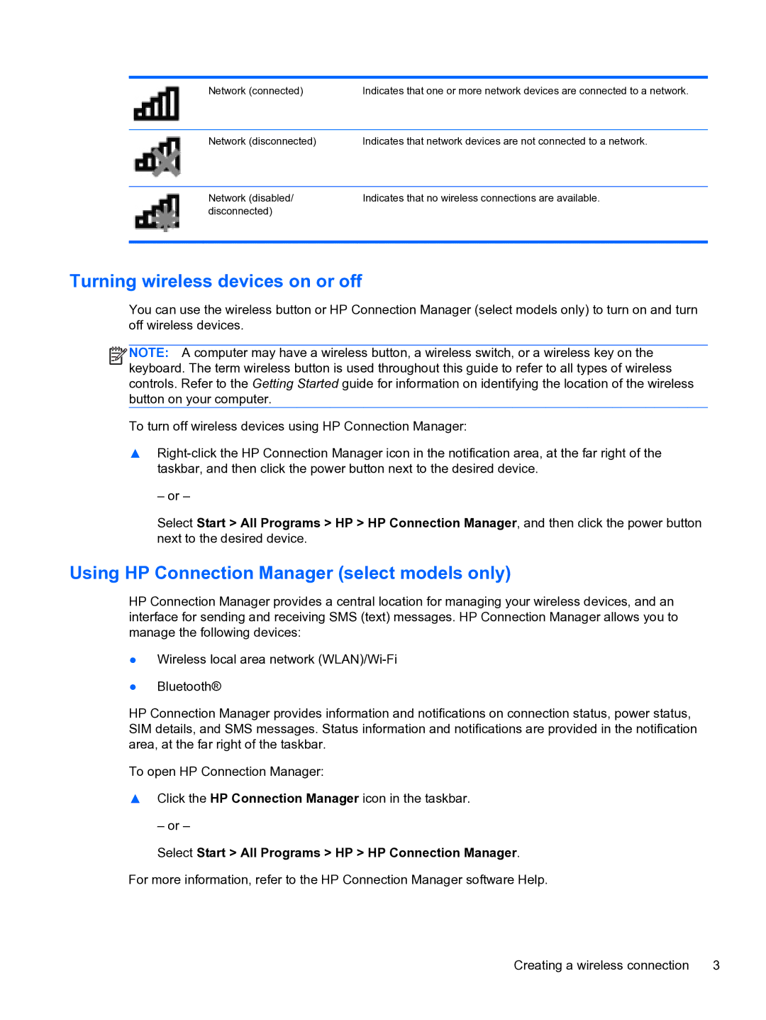 HP 14-3010nr manual Turning wireless devices on or off, Using HP Connection Manager select models only 