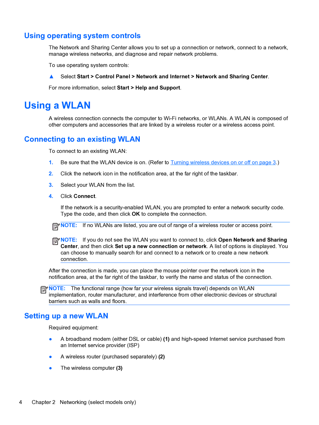 HP 14-3010nr manual Using a Wlan, Using operating system controls, Connecting to an existing Wlan, Setting up a new Wlan 