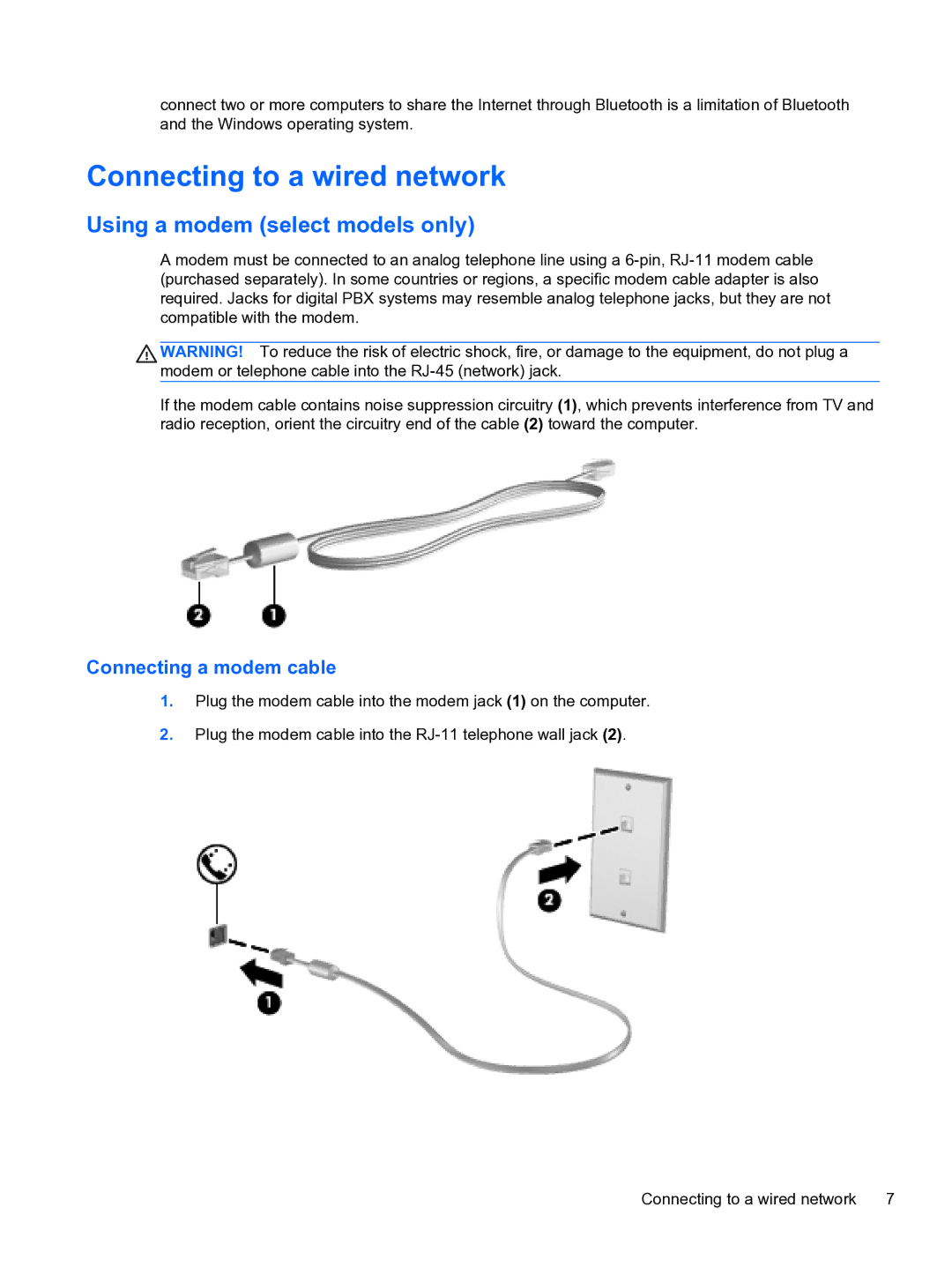 HP 14-3010nr manual Connecting to a wired network, Using a modem select models only, Connecting a modem cable 