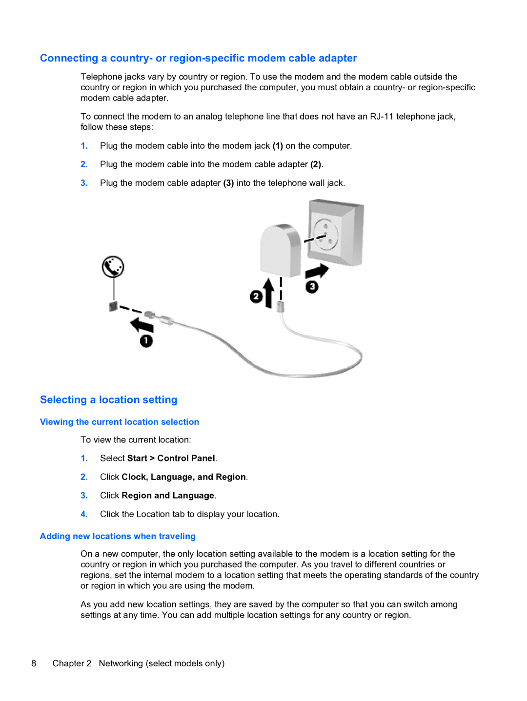 HP 14-3010nr manual Connecting a country- or region-specific modem cable adapter, Selecting a location setting 