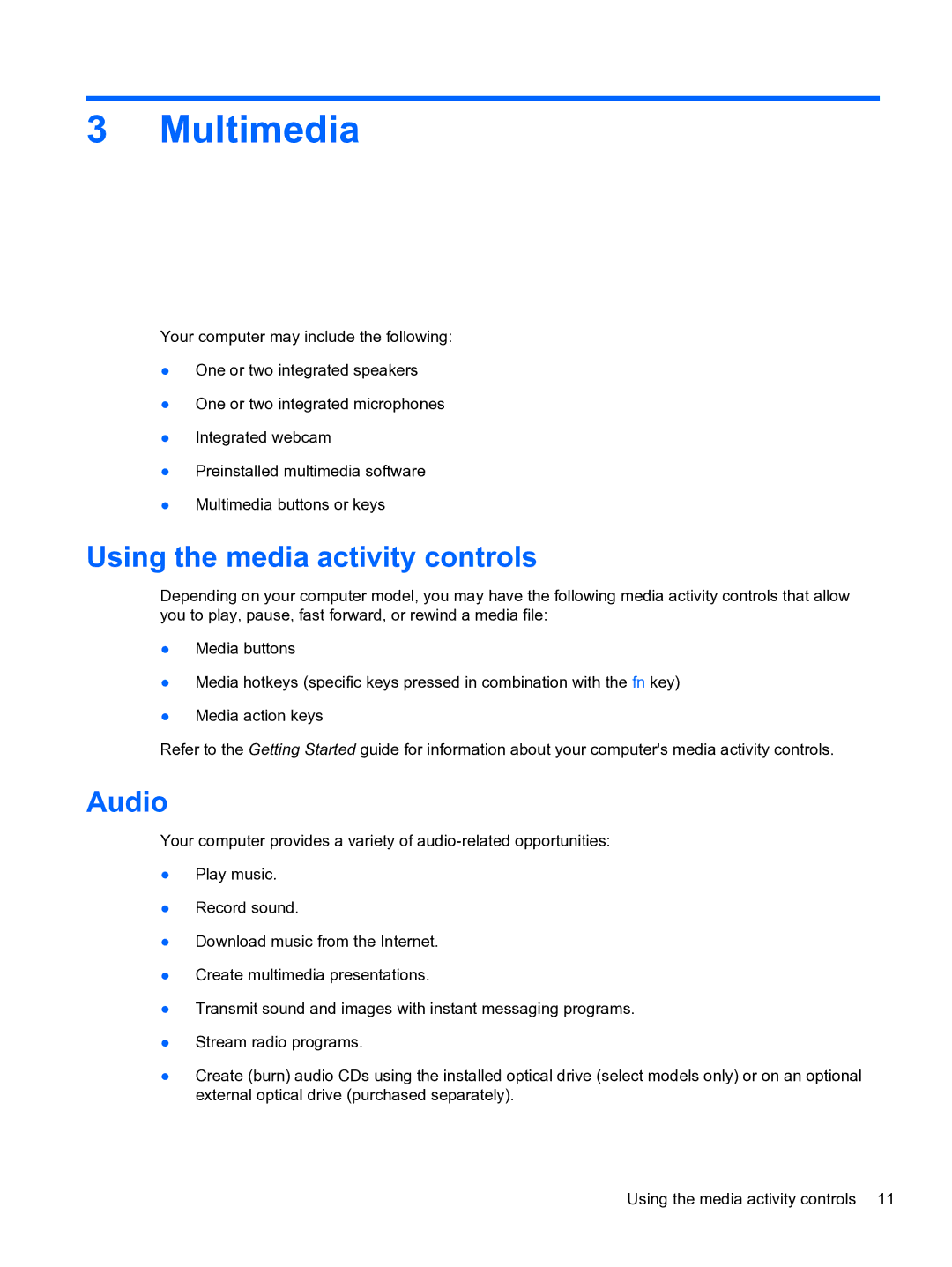HP 14-3010nr manual Multimedia, Using the media activity controls, Audio 