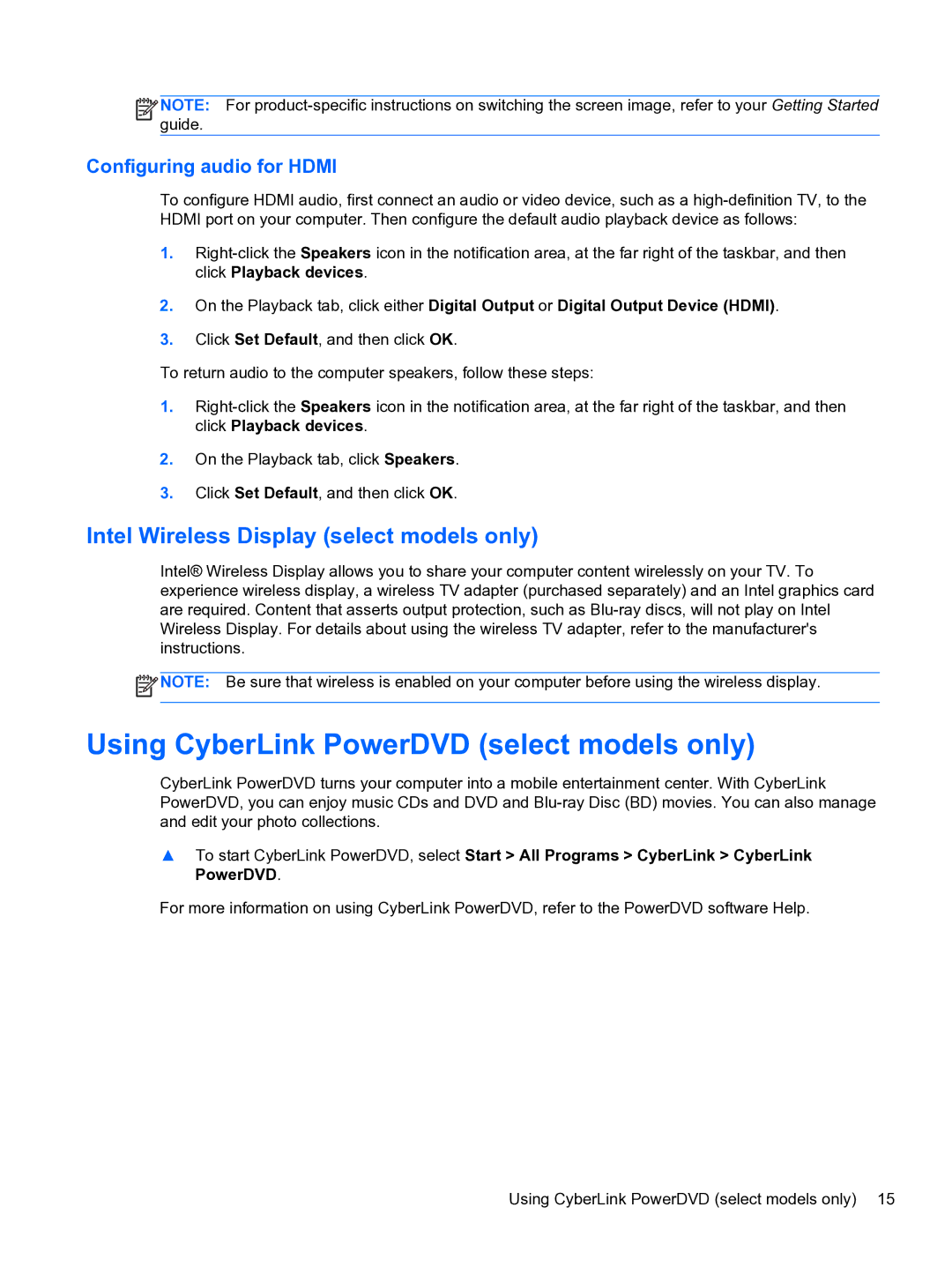 HP 14-3010nr manual Using CyberLink PowerDVD select models only, Intel Wireless Display select models only 