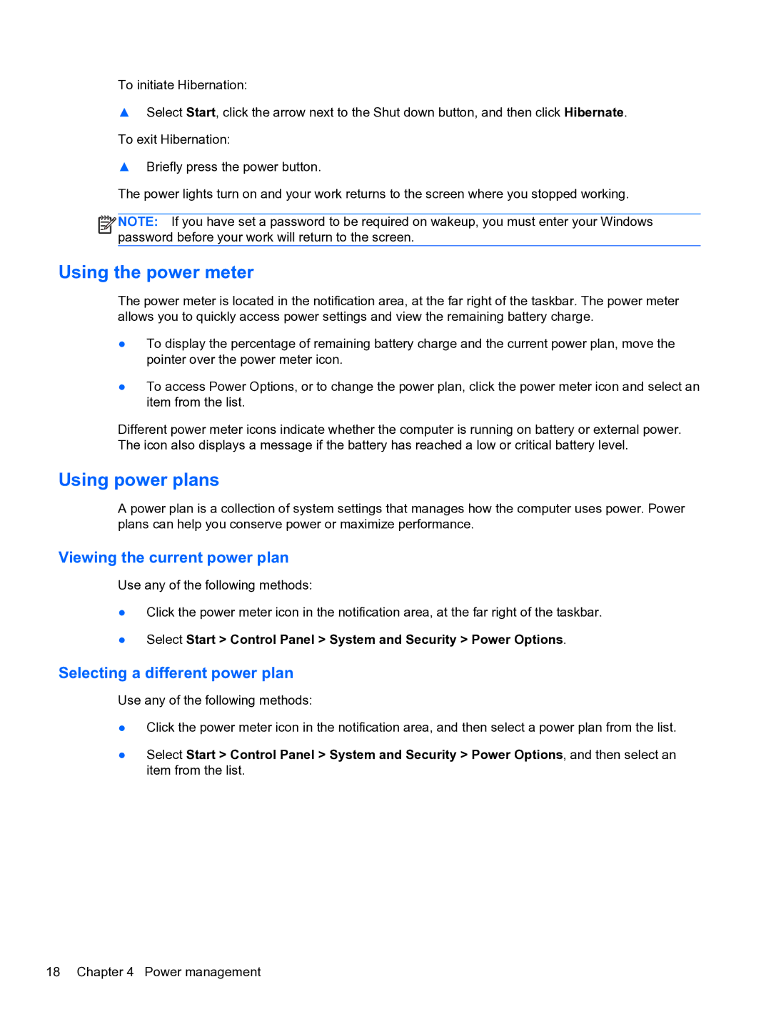 HP 14-3010nr Using the power meter, Using power plans, Viewing the current power plan, Selecting a different power plan 