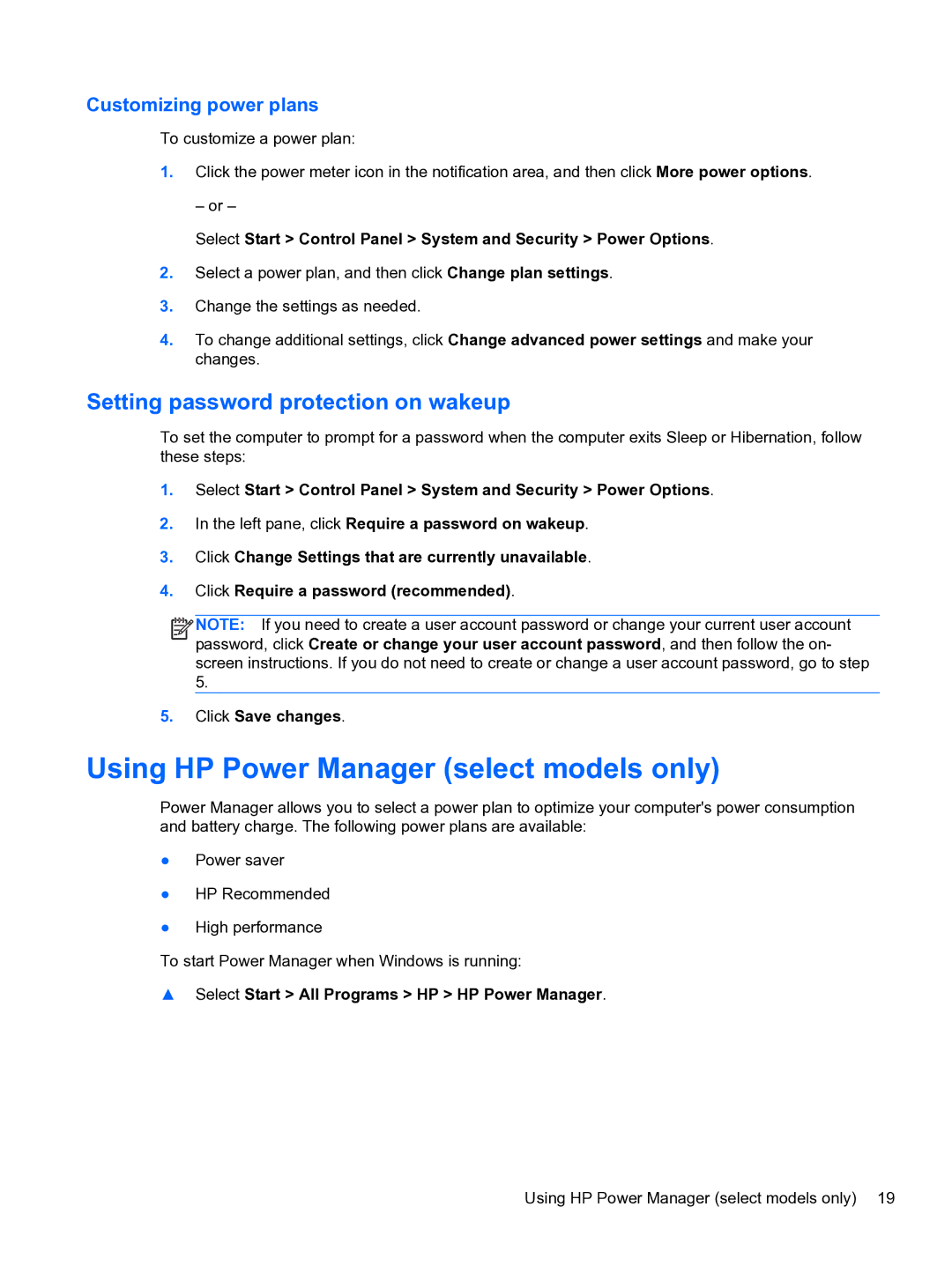 HP 14-3010nr Using HP Power Manager select models only, Setting password protection on wakeup, Customizing power plans 