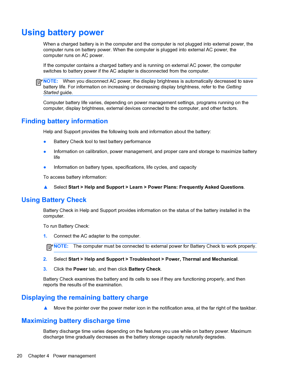 HP 14-3010nr Using battery power, Finding battery information, Using Battery Check, Maximizing battery discharge time 