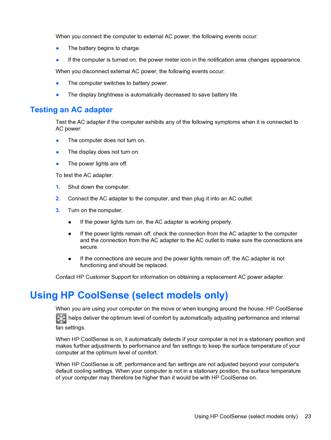 HP 14-3010nr manual Using HP CoolSense select models only, Testing an AC adapter 