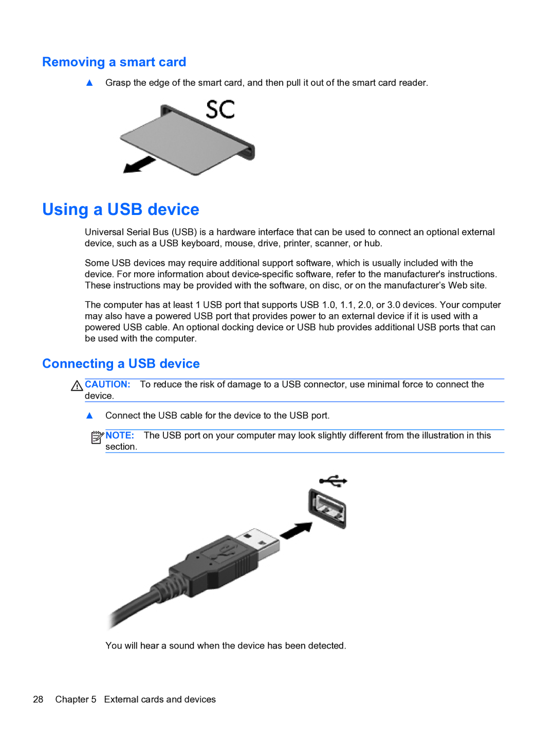 HP 14-3010nr manual Using a USB device, Removing a smart card, Connecting a USB device 