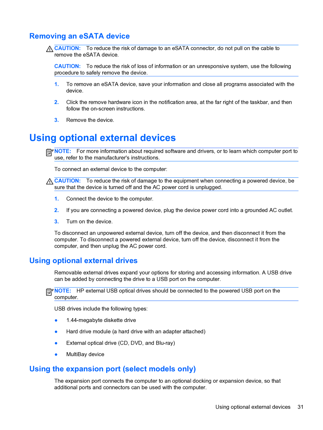 HP 14-3010nr manual Using optional external devices, Removing an eSATA device, Using optional external drives 