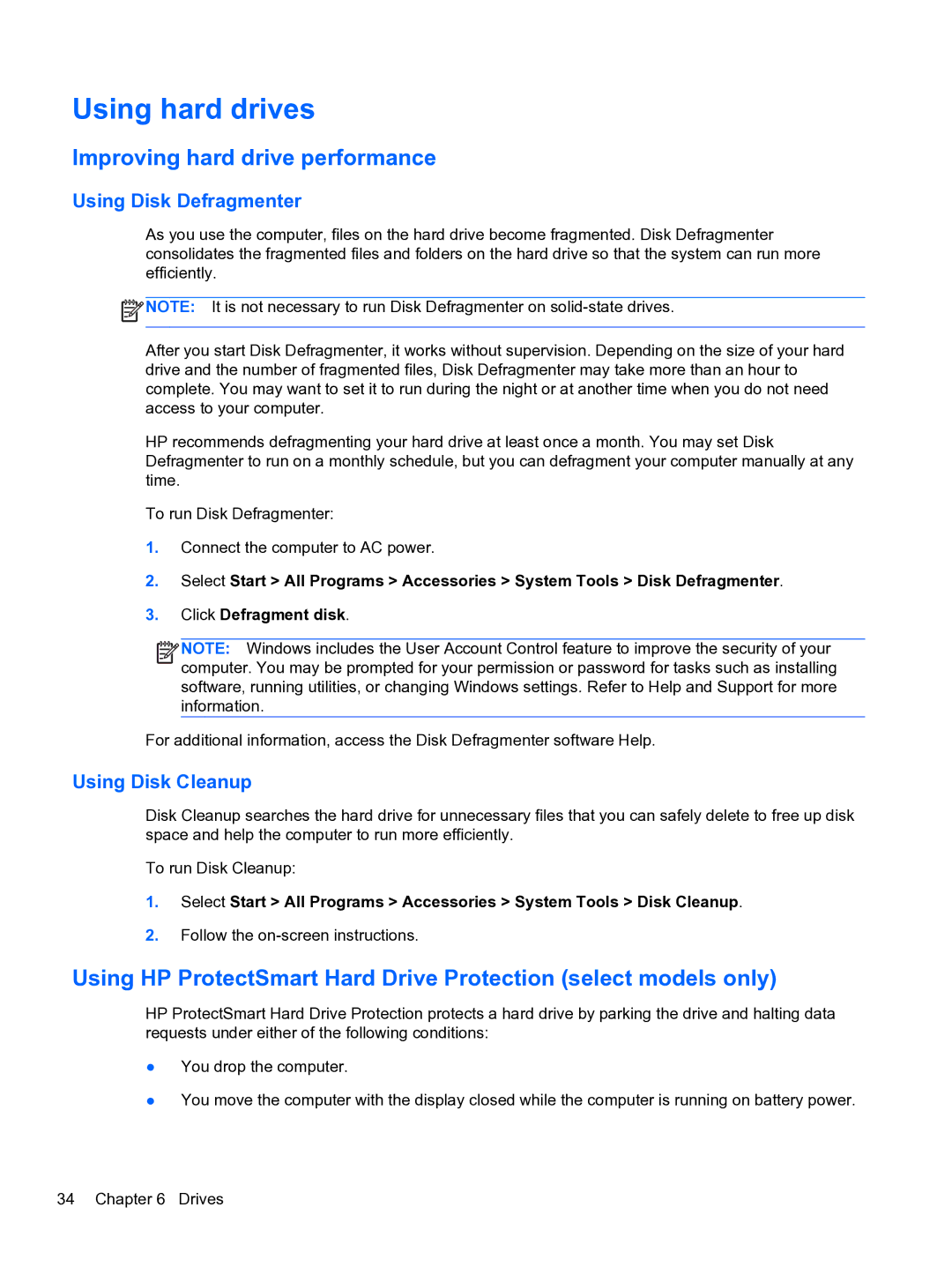 HP 14-3010nr manual Using hard drives, Improving hard drive performance, Using Disk Defragmenter, Using Disk Cleanup 