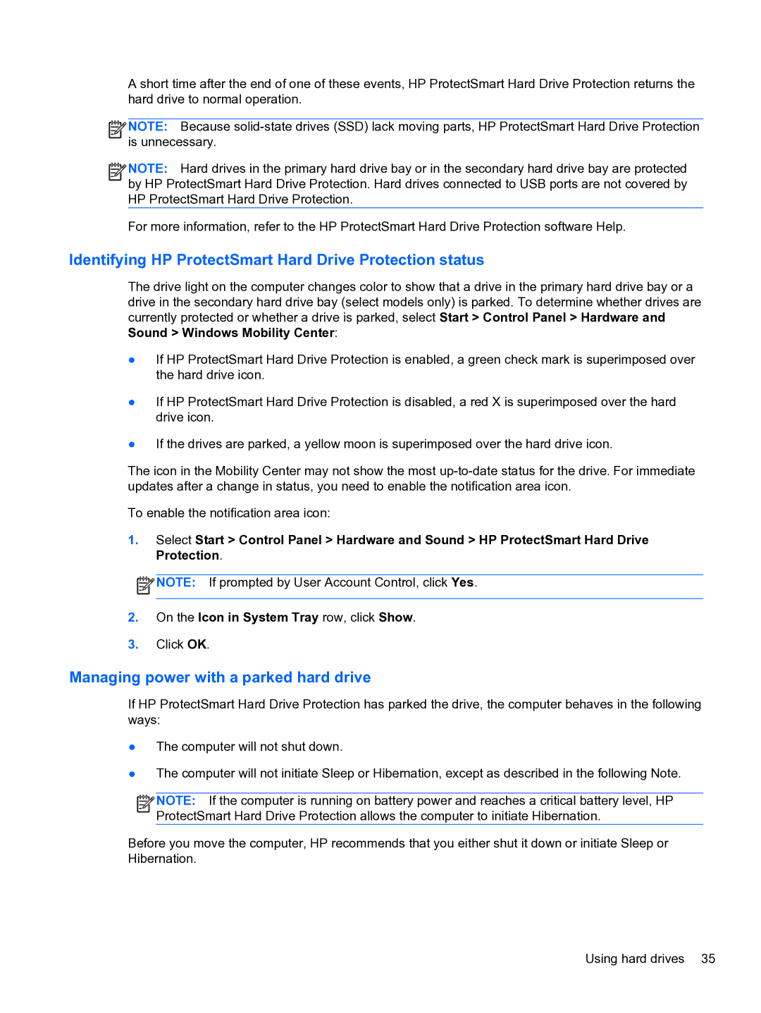 HP 14-3010nr manual Identifying HP ProtectSmart Hard Drive Protection status, Managing power with a parked hard drive 