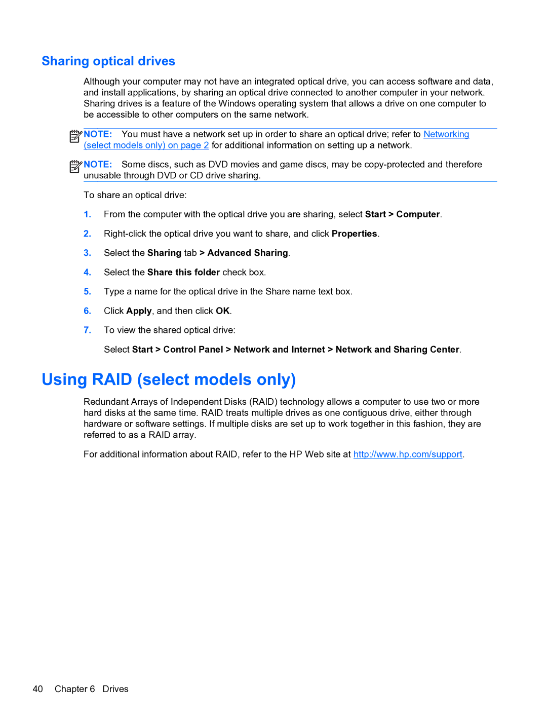 HP 14-3010nr manual Using RAID select models only, Sharing optical drives 