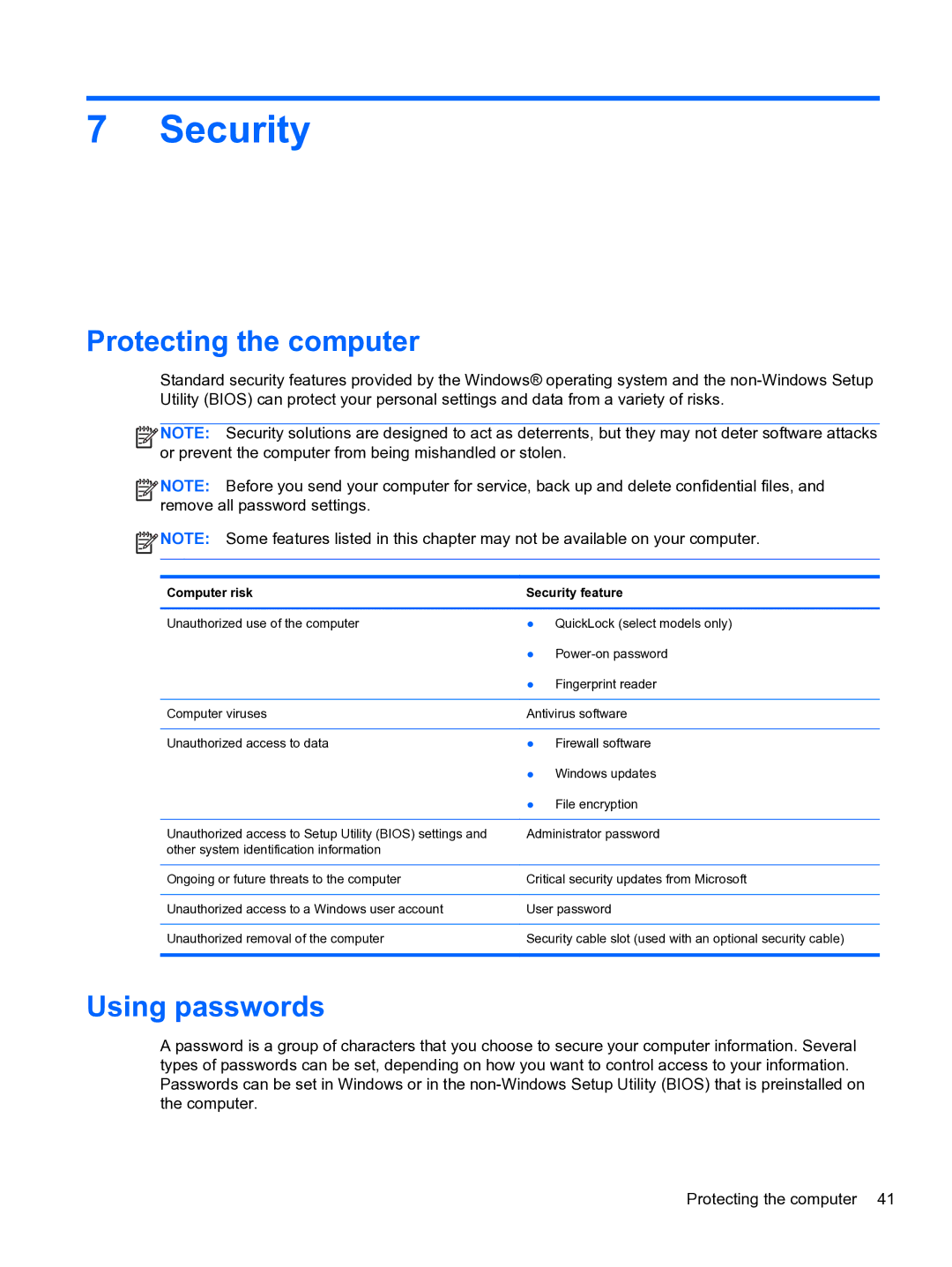 HP 14-3010nr manual Security, Protecting the computer, Using passwords 