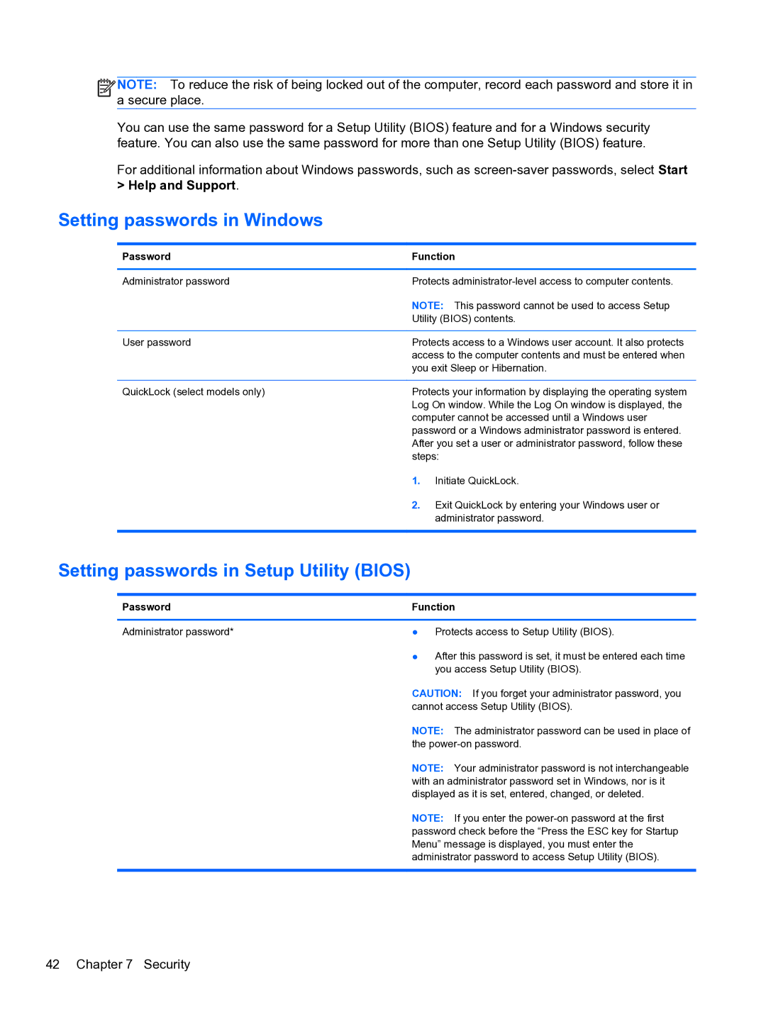 HP 14-3010nr manual Setting passwords in Windows, Setting passwords in Setup Utility Bios 