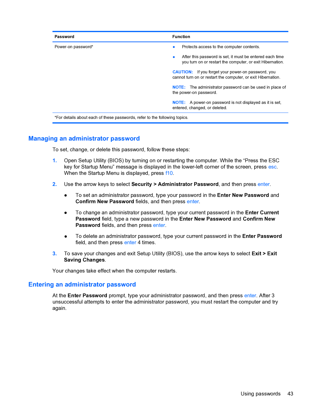 HP 14-3010nr manual Managing an administrator password, Entering an administrator password 